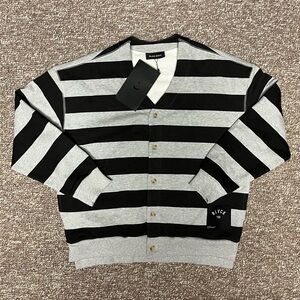 Y2K Black Scale "BLVCK" Emo x Grunge Striped Button Up V-Neck Sweater Sweatshirt